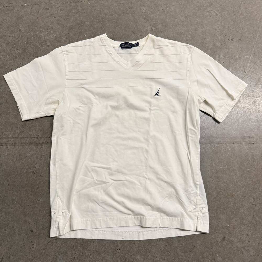 Nautica Mens V-Neck T-Shirt White Pinstripe Short Sleeve Logo Tee Size M